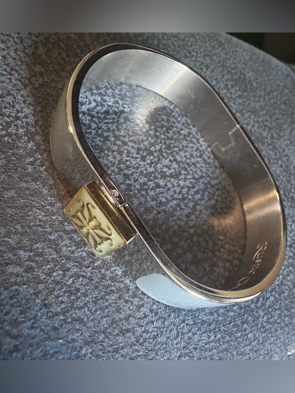 Rustic Cuff Silver and Gold Hinged Bracelet with Cream Inlay
